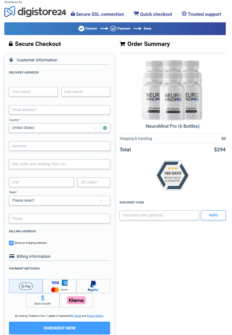 NeuroMind Pro secure checkout page
